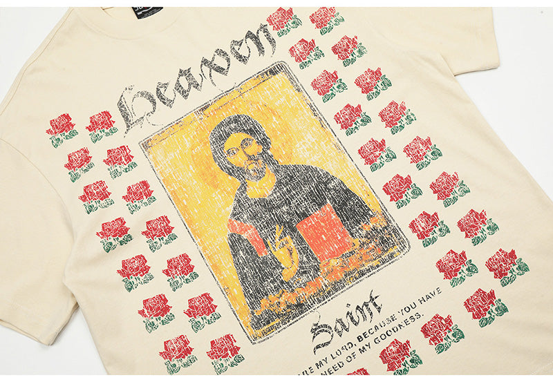 SAINT MICHAEL Rose Sanskrit Distressed Print T-Shirts