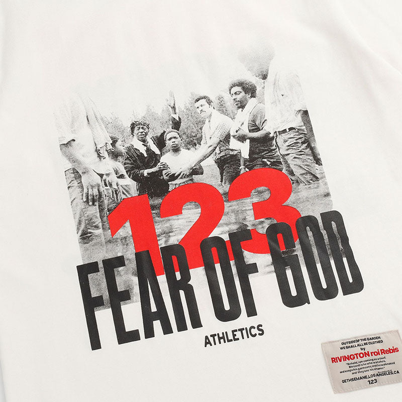 Fear Of God X RRR123 portrait lettering slogan print T-shirt