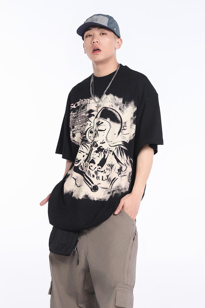 SAINT MICHAEL Comic Print Loose Trendy T-Shirt