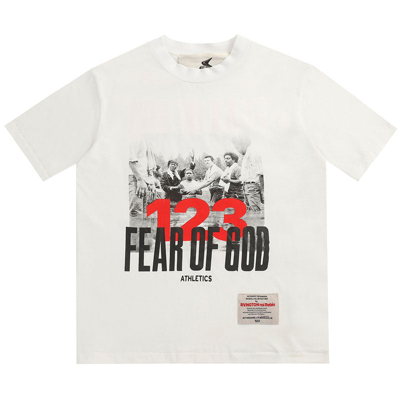 Fear Of God X RRR123 portrait lettering slogan print T-shirt